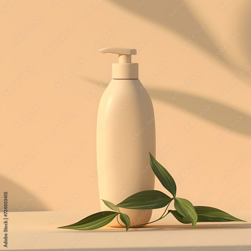 Beige lotion dispenser with a pump on a peach backdrop, accented by green leaves and soft shadows, ideal for text overlay. Copy space, mock-up Beige lotion dispenser with a pump on a peach backdrop, accented by green leaves and soft shadows, ideal for text overlay. Copy space, mock-up