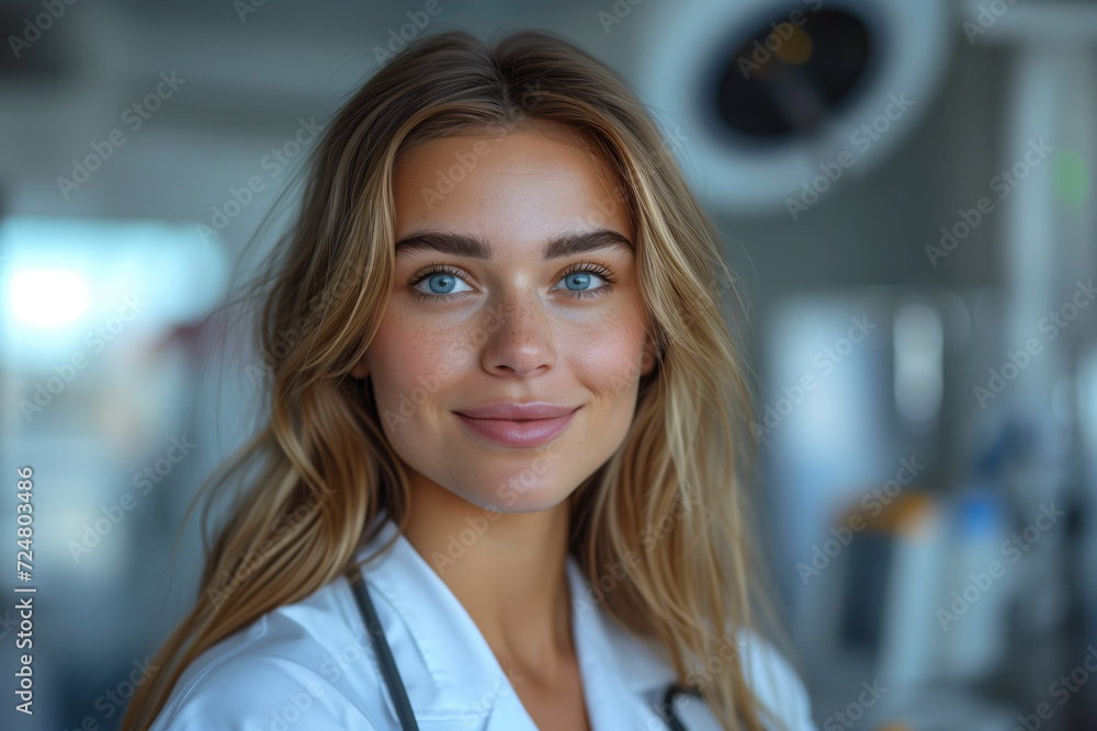 Fototapeta premium Portrait of a young doctor, nurse in a white medical coat, interior of a medical clinic in the background