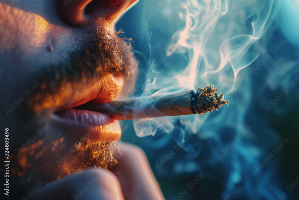 close up of a person smoking a cannabis marijuana joint - obrazy, fototapety, plakaty 
