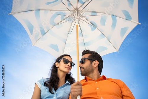 couple under a single wide umbrella, sunglasses reflecting sky