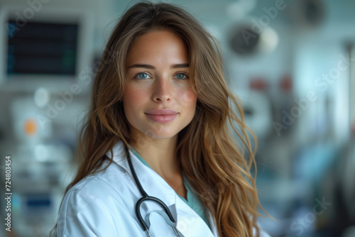 Portrait of a young doctor, nurse in a white medical coat, interior of a medical clinic in the background © staras