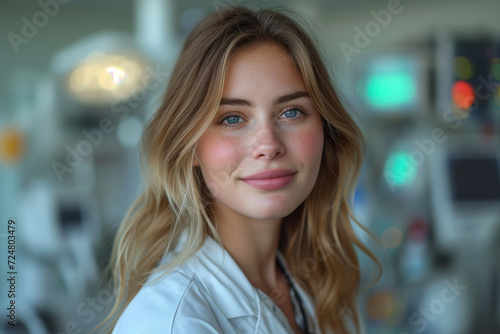 Portrait of a young doctor, nurse in a white medical coat, interior of a medical clinic in the background