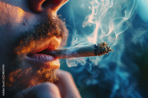 close up of a person smoking a cannabis marijuana joint photo