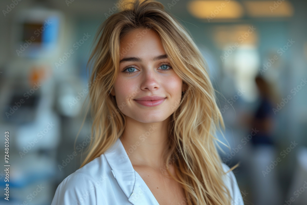 Portrait of a young doctor, nurse in a white medical coat, interior of a medical clinic in the background Portrait of a young doctor, nurse in a white medical coat, interior of a medical clinic in the background