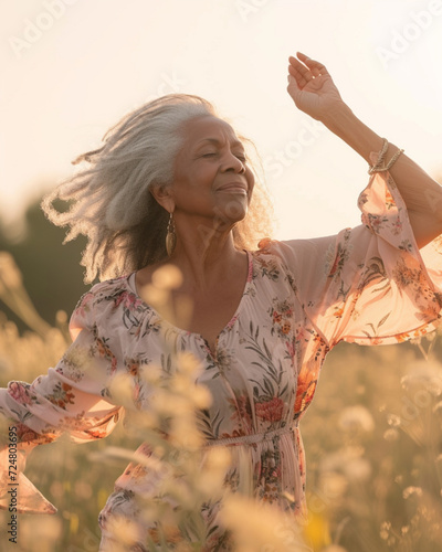 A beautiful middle aged woman dancing in a fairy nature landscape