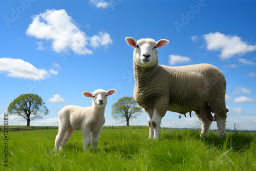 Pastoral Symphony: Tranquil Image of Mother Ewe and Lamb Grazing in a Lush Green Field