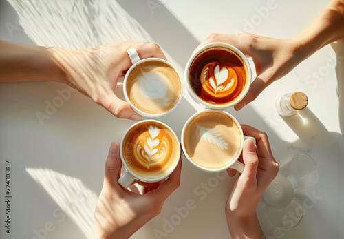 Hands holding coffee cups, isolated on a white table, top view