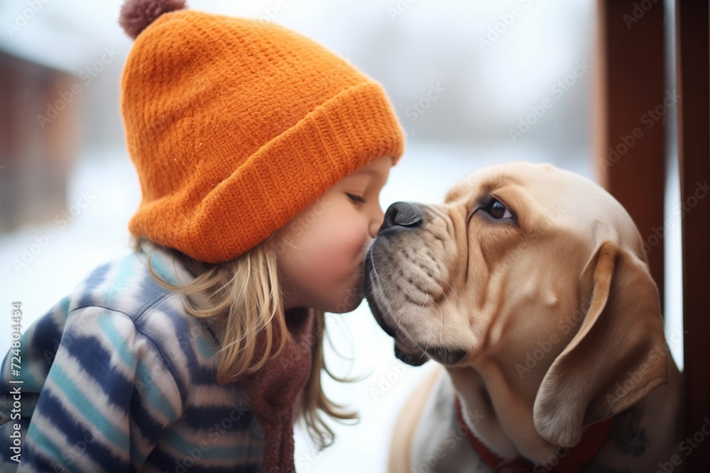 kid and dog with noses touching, breath visible in cold
