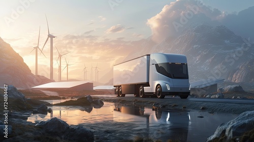 White modern truck drives along a mountain road against the background of electric mills. Generative AI