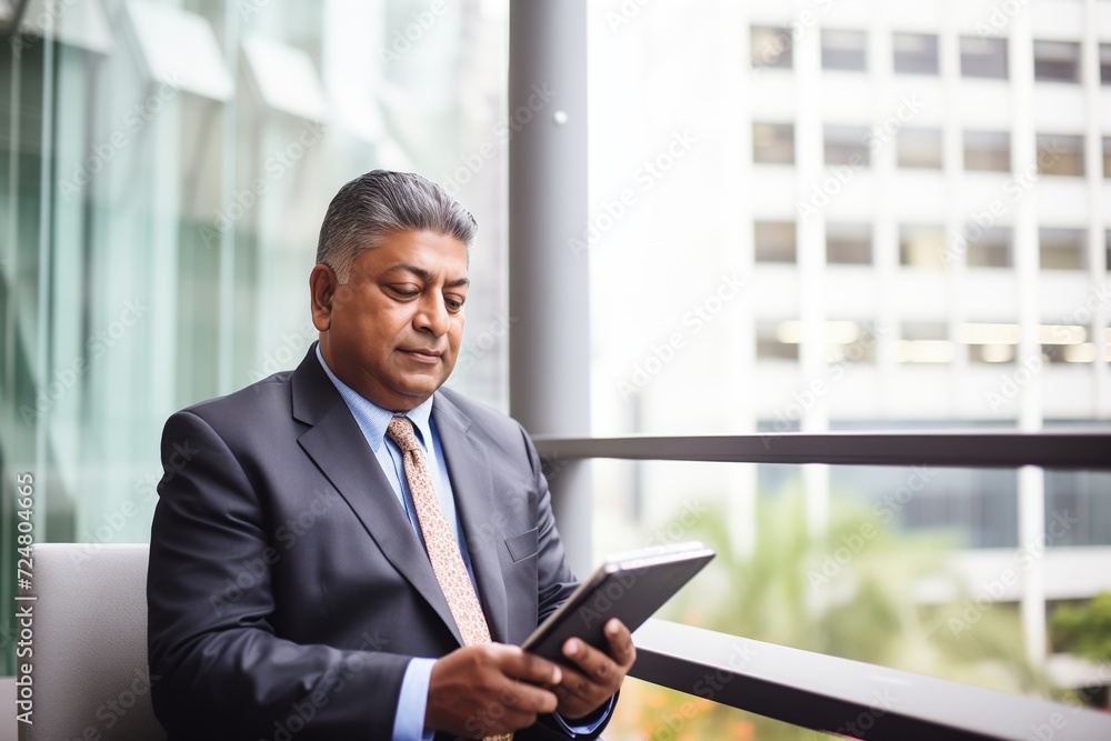indian businessman reading tablet by office window