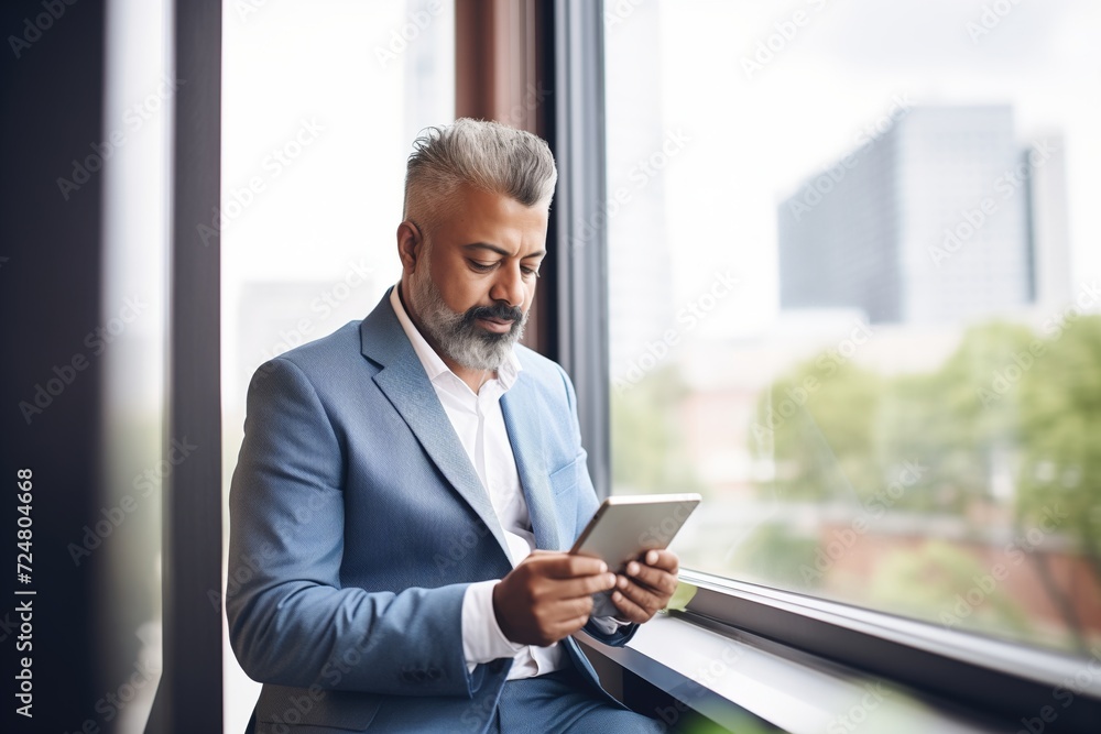 indian businessman reading tablet by office window indian businessman reading tablet by office window