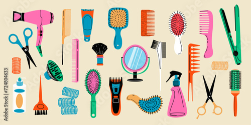 Set of equipment for a hairdresser. Collection of tools for hair cutting and styling. Hairdryer, hairbrush, scissors and professional tools for barbershop. Hand drawn vector illustration on light bac