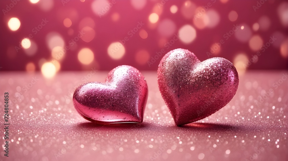 Colorful 3D Background: Two Pink Hearts in Vibrant Harmony