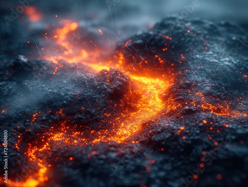 Boiling lava covered by volcanic rock photographed from extremely close up, Generative AI