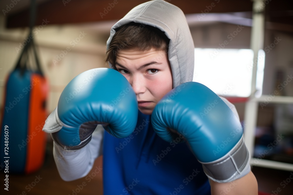 youth in gloves practicing punching posture, eyes determined