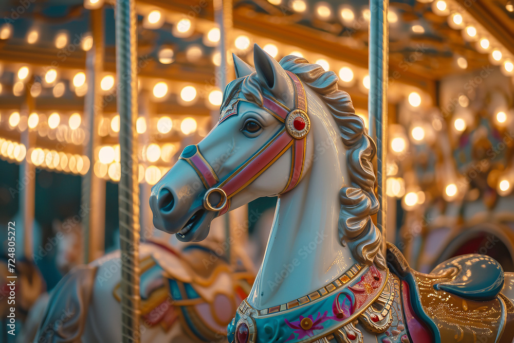 A magical carousel located in a fairytale-themed park - featuring whimsical horses and enchanting music - creating a dreamy atmosphere for a fantastical ride experience.