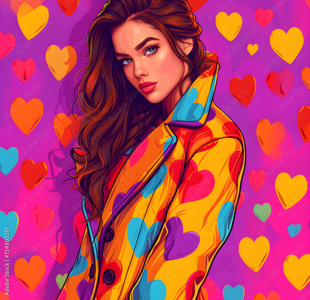A modern young girl poses in a Valentine's Day costume with a vivid color coat featuring a print of love hearts. A modern young girl poses in a Valentine's Day costume with a vivid color coat featuring a print of love hearts.
