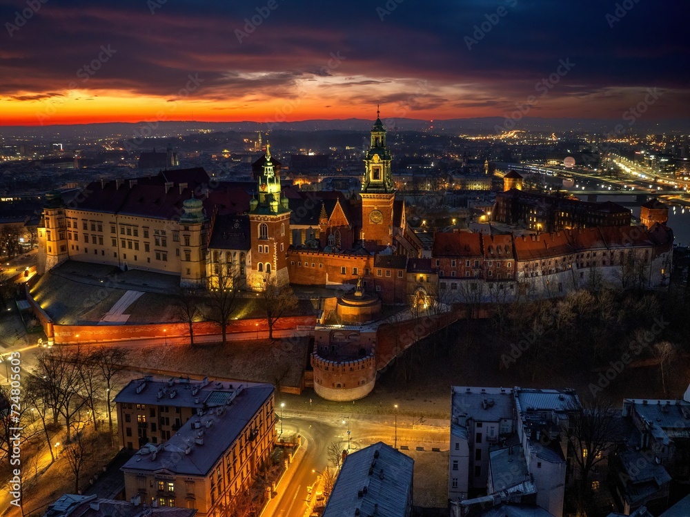 Zamek Królewski na Wawelu w bajeczny poranek - widok z drona - obrazy, fototapety, plakaty 