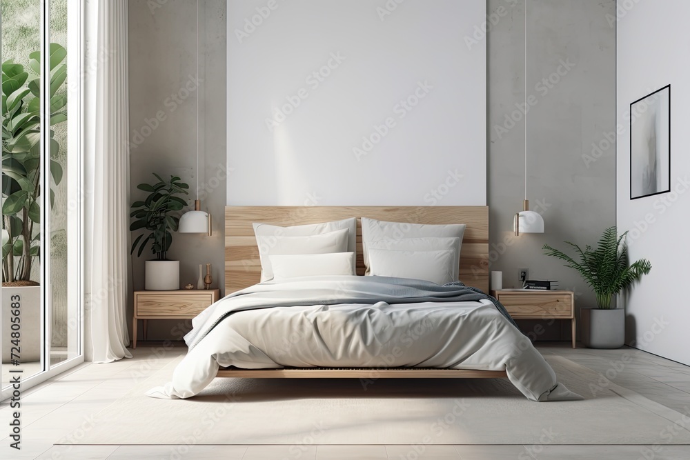 Fototapeta premium Mockup of a bedroom interior with a traditional bed and wall