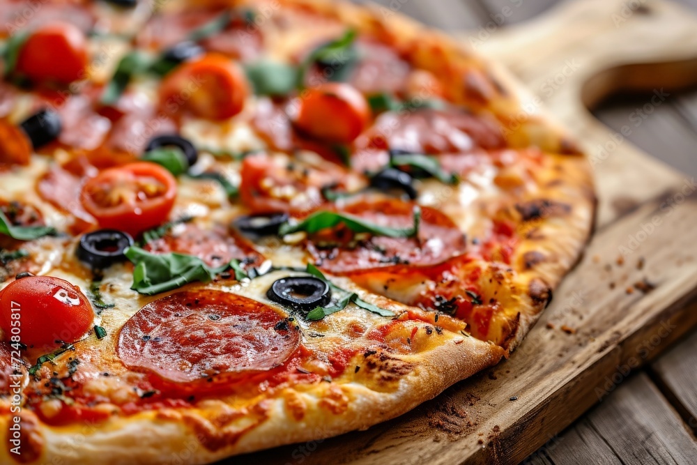 Slice of hot pizza, large cheese, lunch or dinner, crust, meat sauce. Side view. AI created.
Slice of hot pizza, large cheese, lunch or dinner, crust, meat sauce. Side view. AI created.