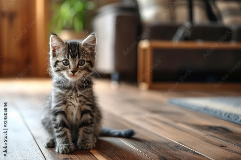 The kitten is sitting on the floor in the room. Cute little kitten. AI created.
The kitten is sitting on the floor in the room. Cute little kitten. AI created.