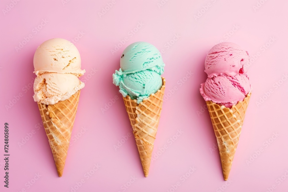 Ice cream with vanilla and strawberry flavors on a pink background. Copy space. AI created.
