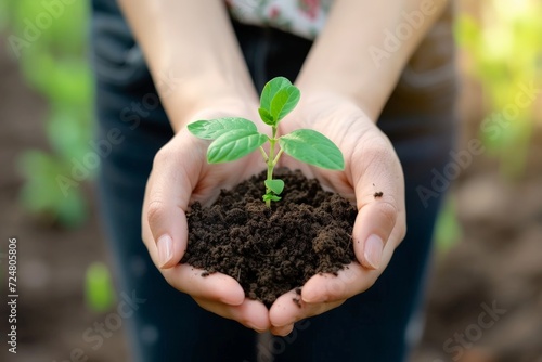 A woman holds a green seedling growing in the soil. A seedling on his farm. AI created. 