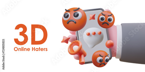 Online haters. 3D hand holding smartphone with red angry emoticons