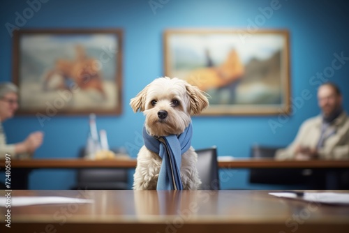 dismal doggy with a blue scarf watching a meeting in progress sign photo
