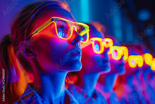 People with colored glasses in the night club looking at the dj generative ai