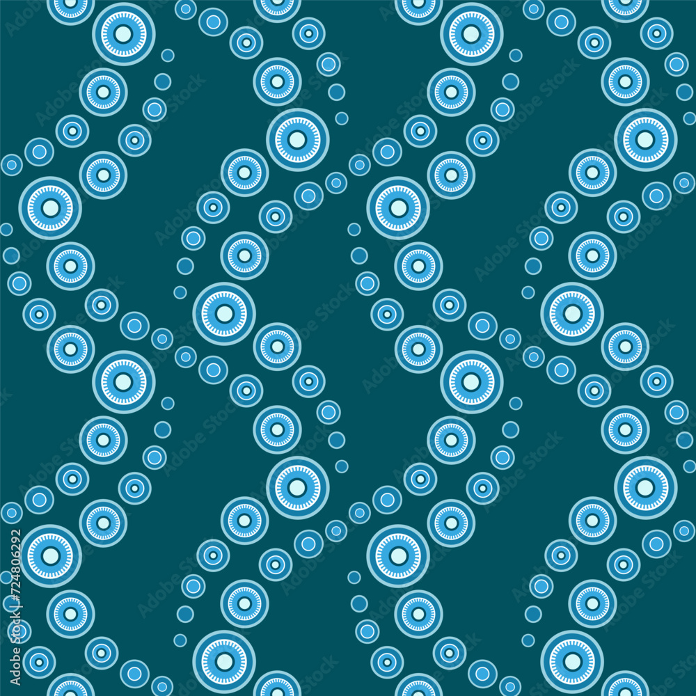 Seamless pattern in geometric style with many circles. Calm light blue and turquoise colours on dark background. Many rings. Bubble path design. For printing wallpaper, giftpapers, textile.