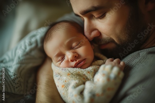 Newborn baby sleeping in her father's arms at their home. Father is handsome young man 