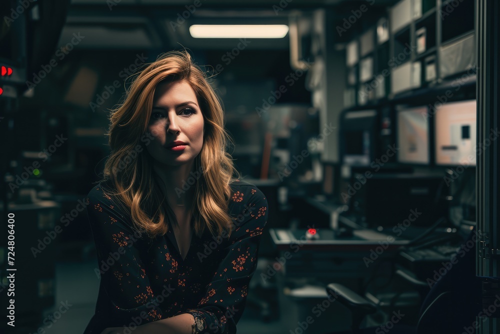 Portrait of newsreader sitting in press room. Portrait of newsreader sitting in press room.