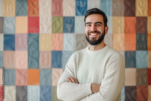 Portrait of smiling businessman standing with arms crossed. Male professional is against multi colored wallpaper. He is wearing sweater at office. 