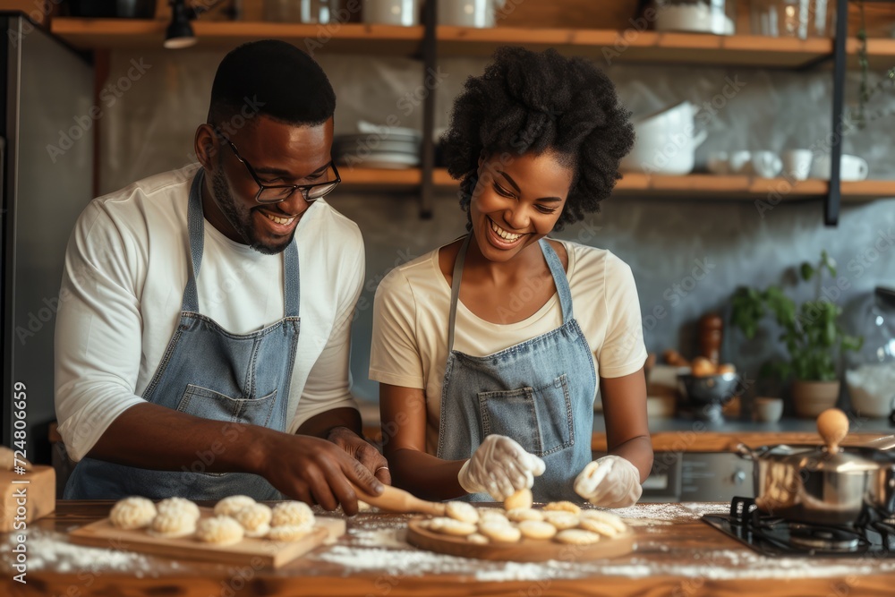 Young African American couple making homemade cookies at their kitchen 