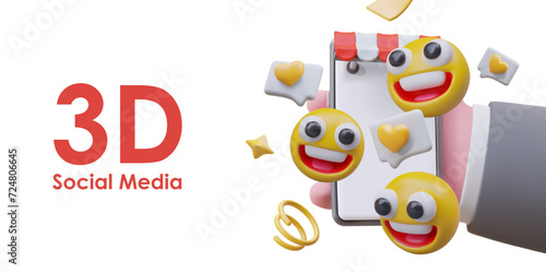 3D hand holding phone with shop canopy, funny emoticons are happy