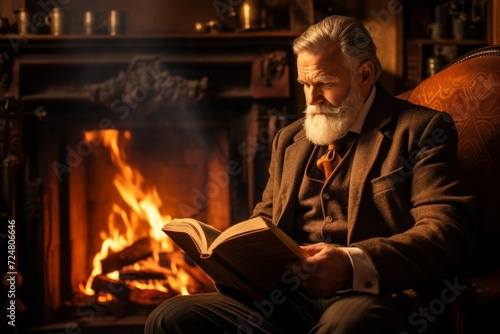 A refined elderly man with a white beard and suspenders engrossed in a classic novel in a quaint library setting