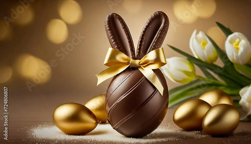 Easter egg with bunny ears made of chocolate with golden bow on blurred background