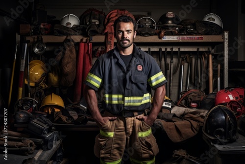 Firefighter standing tall in his station, radiating bravery, surrounded by his life-saving tools