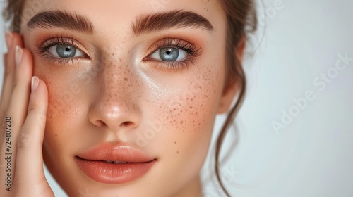 Beautiful young women with perfect fresh skin and makeup touches her face. Portrait of model with make-up, eyebrows and long eyelashes. Beauty and Spa, skincare and wellness. Selective focus