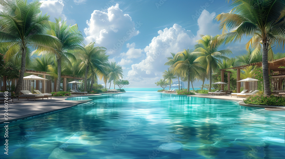 Fototapeta premium Swimming pool in tropical resort with palm trees. 3d rendering