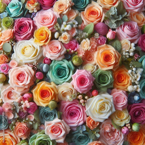 Mixed multi colored roses in floral decor  Colorful wedding flowers background