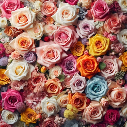 Mixed multi colored roses in floral decor  Colorful wedding flowers background