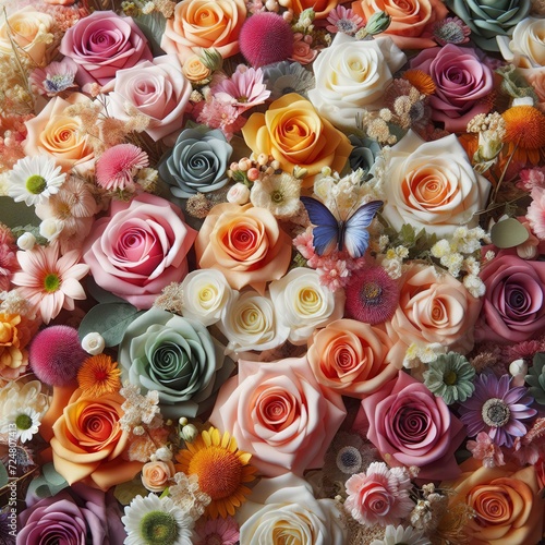 Mixed multi colored roses in floral decor  Colorful wedding flowers background