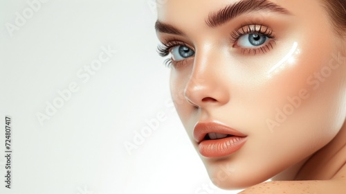 Beauty Woman Face with Perfect Smooth Skin. Young Model applying Eye Cream. Beautiful Girl with Full Lips Natural Makeup over White. Women Facial Plastic Surgery and Dermal Fillers