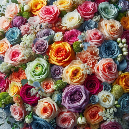 Mixed multi colored roses in floral decor, Colorful wedding flowers background