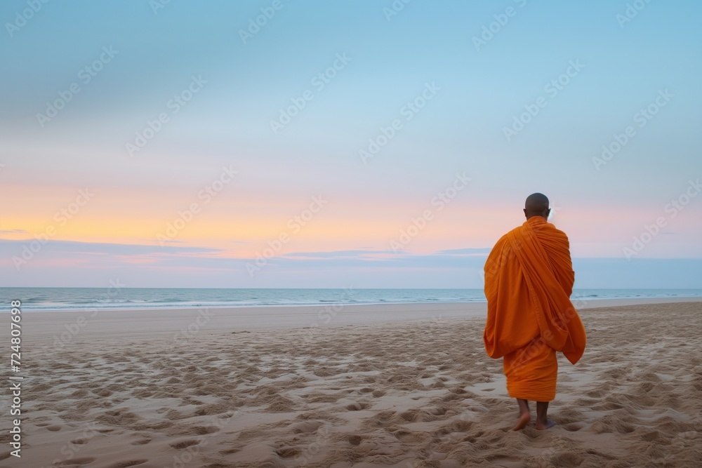 monk in orange robes walking on a sandy beach at dawn