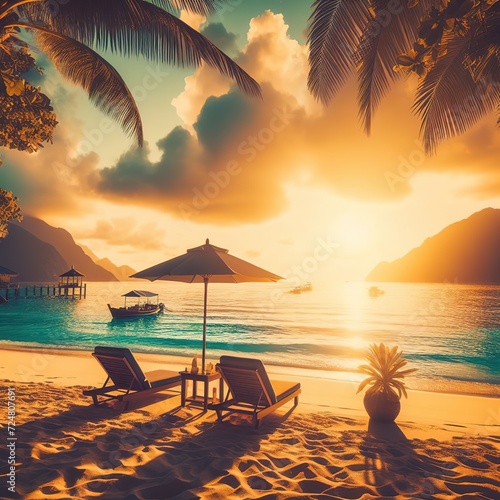 Outdoor with umbrella and chair on beautiful tropical beach and sea at Sunset time - Vintage Filter