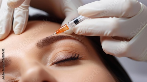 Close-up of the hands of an expert cosmetologist injecting into a woman s forehead. Correction of forehead and eye wrinkles with botulinum toxin.