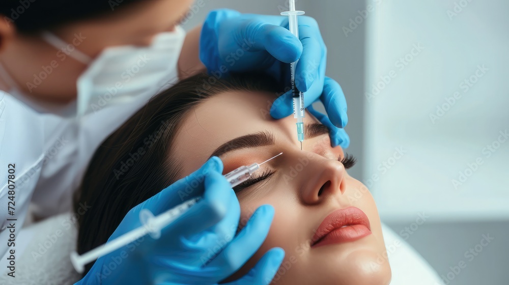 Naklejka premium Cosmetologist makes rejuvenating anti wrinkle injections on the face of a beautiful woman. Female aesthetic cosmetology in a beauty salon.
